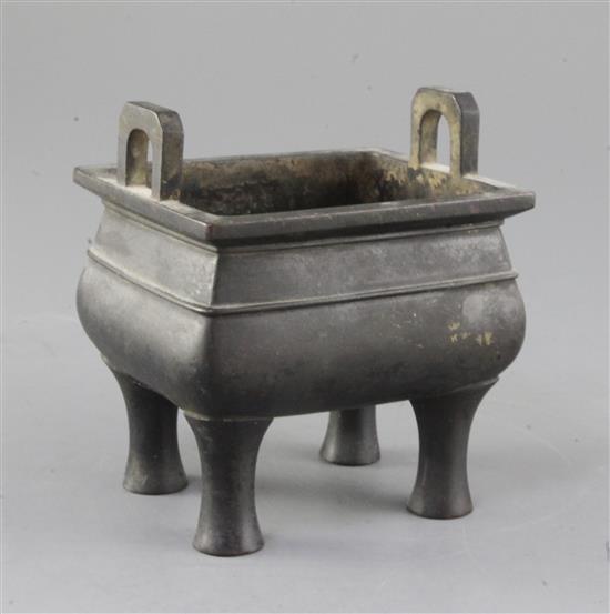 A Chinese bronze fang ding censer, Qing dynasty, height 13.5cm width 12.5cm